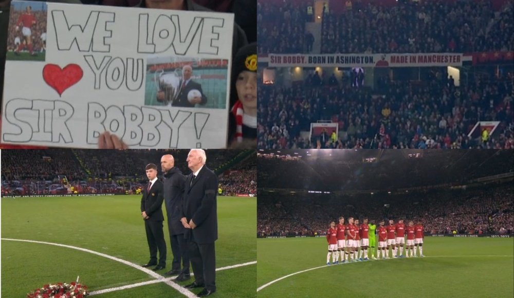 Old Trafford homenajeó a Bobby Charlton. Captura/MovistarLigadeCampeones