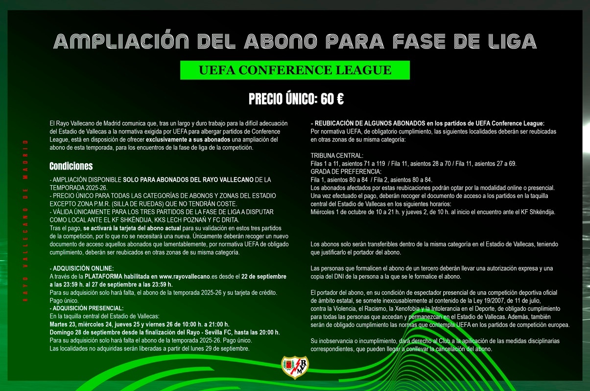 Rayo Vallecano abono Conference League