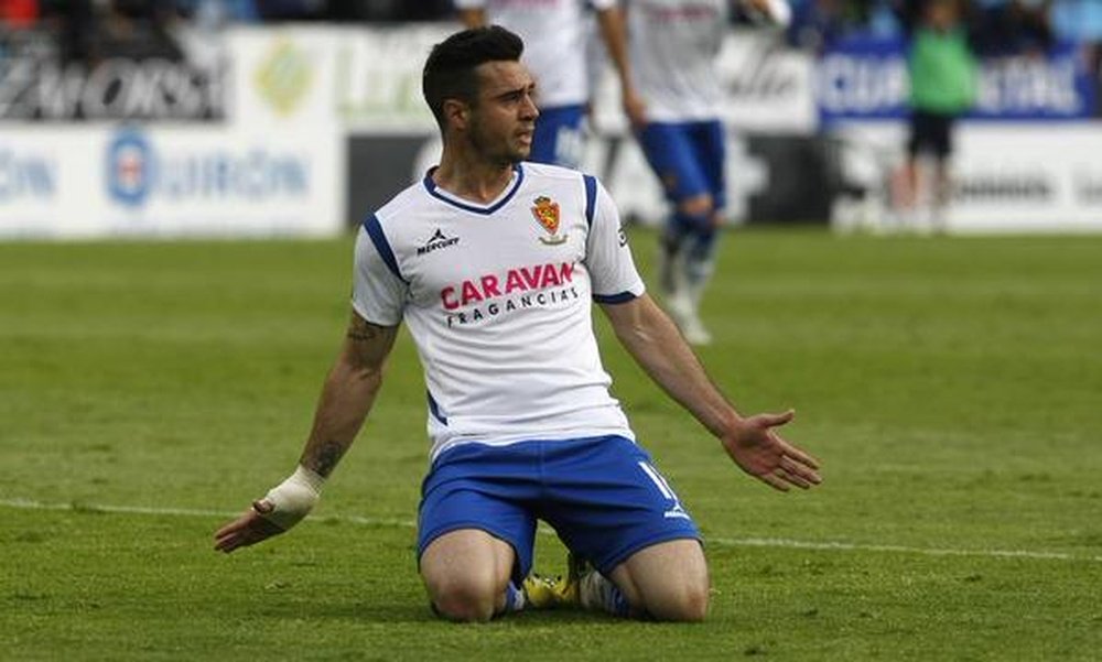 Jaime Romero celebra un gol con el Zaragoza. Twitter