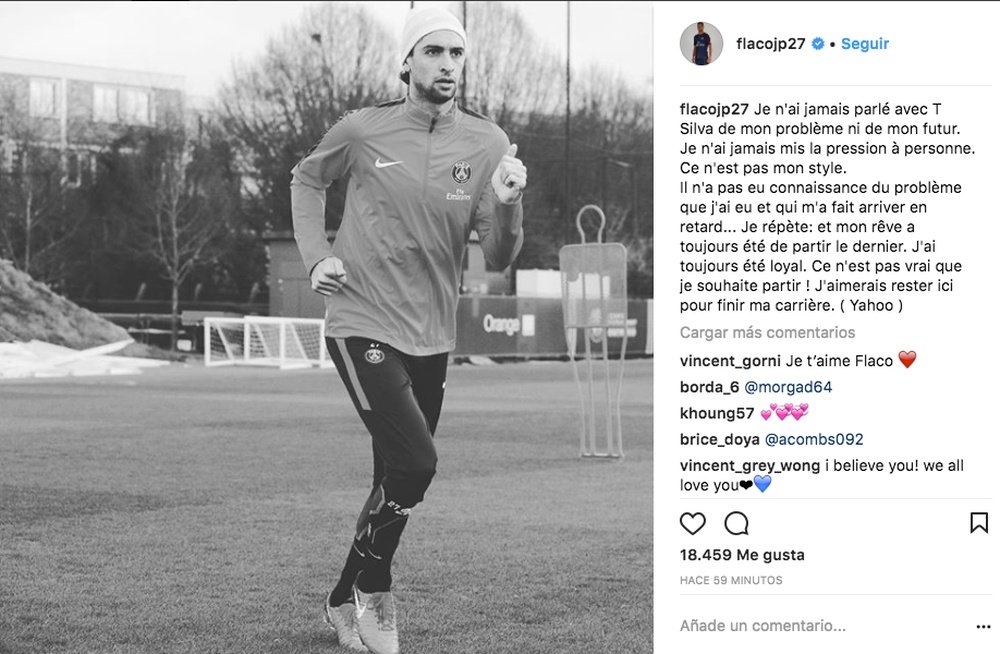 Javier Pastore respondió a Thiago Silva a través de Instagram el 11 de enero de 2018. Instagram/Pastore