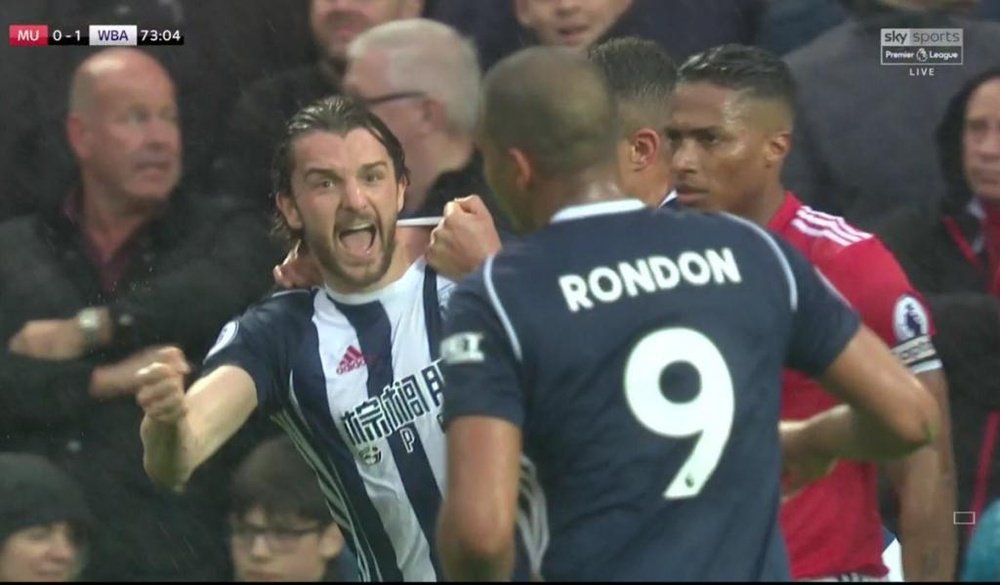 Jay Rodriguez gave West Brom a 1-0 lead over Manchester United. Screenshot/SkySports
