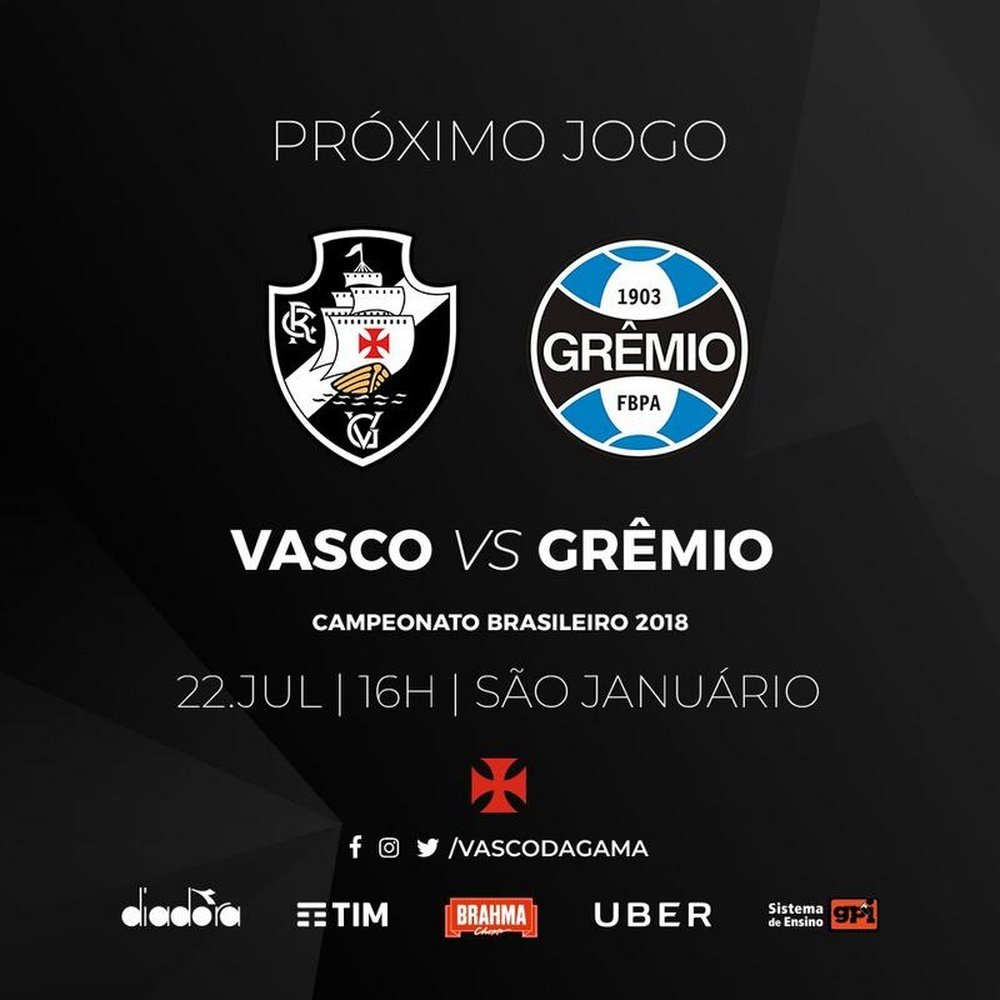 Jogo Vasco e Grêmio. Twitter @VascodaGama