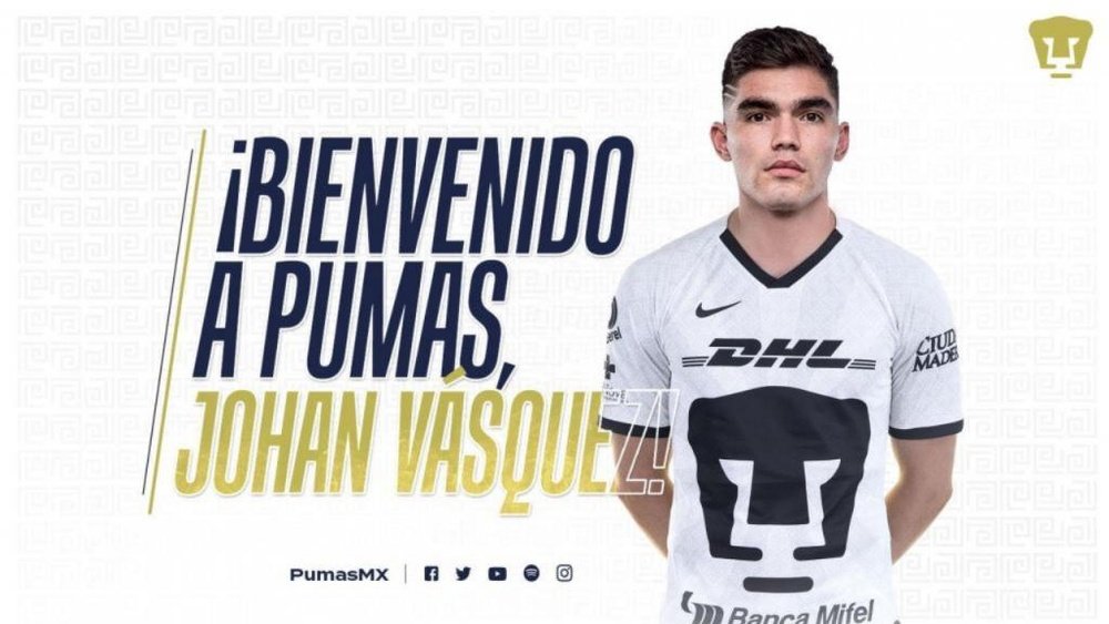 Pumas se asegura a Johan Vásquez. PumasMX
