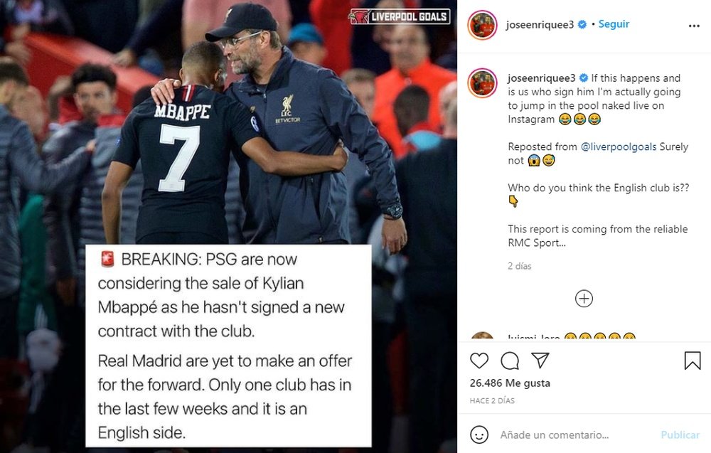 José Enrique hizo una divertida promesa si Mbappé ficha por el Liverpool. Instagram/Joseenriquee3