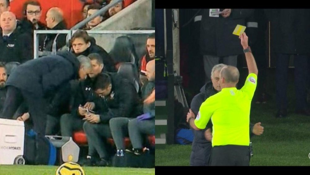Mourinho prend un jaune... pour avoir espionné l'adversaire. Captura/BTSport