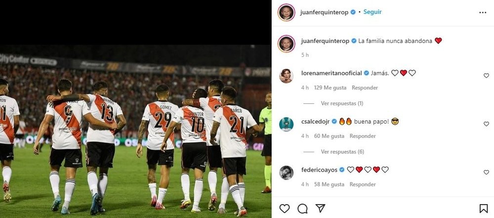 Juanfer UQuintero animó a sus compañeros tras la eliminación ante Tigre. Instagram/juanferquiterop