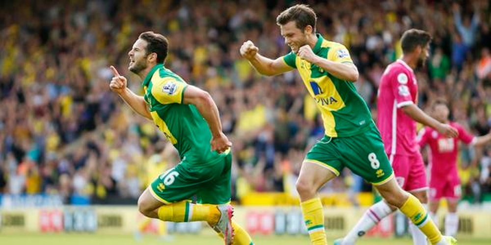 Jugadores del Norwich City celebrando un gol en el partido ante el Bournemouth. Twitter.