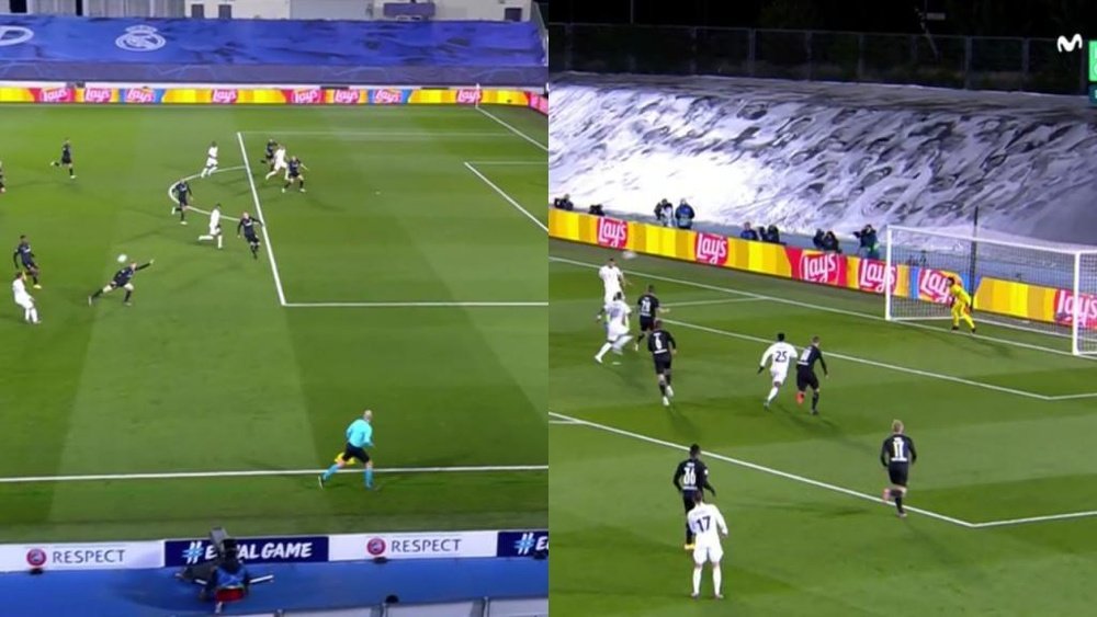 Karim Benzema made it 1-0 to Real Madrid. Screenshot/MovistarLigadeCampeones