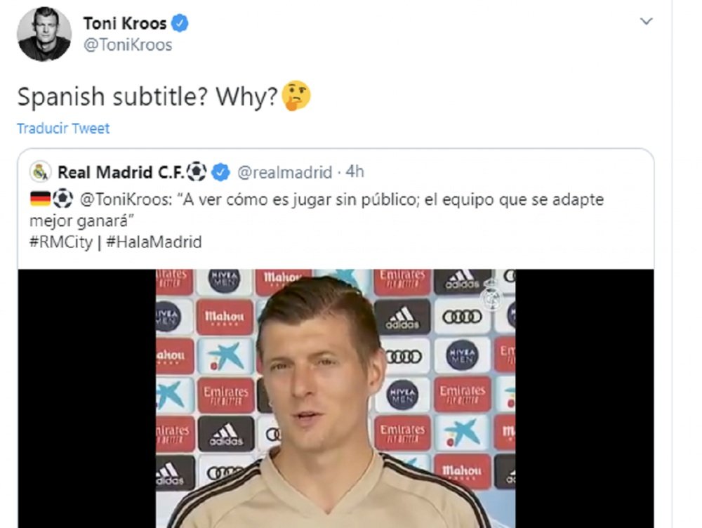Kroos se quejó por los subtítulos. Twitter/ToniKroos