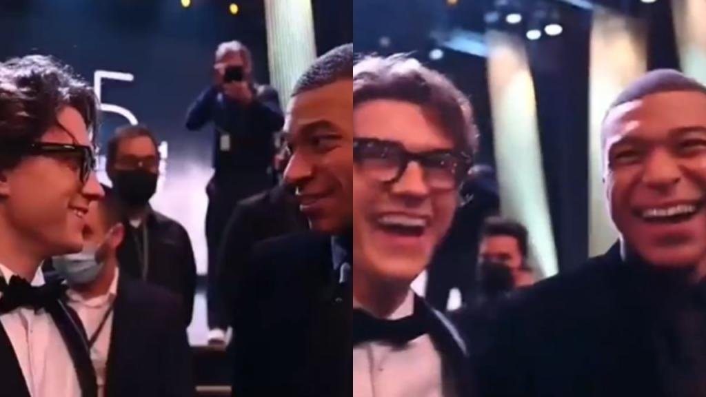 Kylian Mbappe and Tom Holland met at the Ballon d'Or gala. Screenshot/SkySports