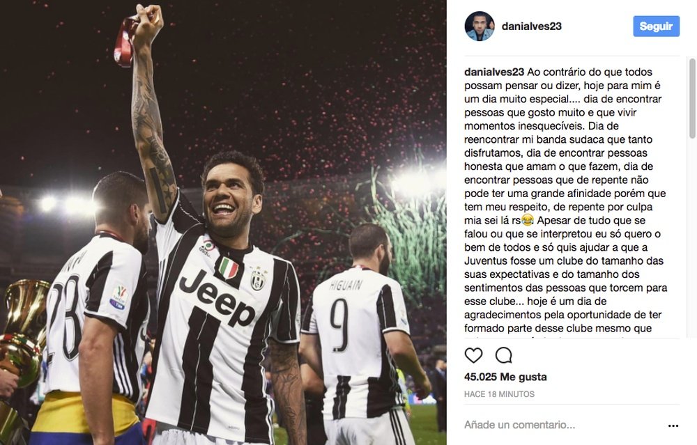 El mensaje del brasileño a su ex afición a través de redes sociales. Instagram/Danialves23