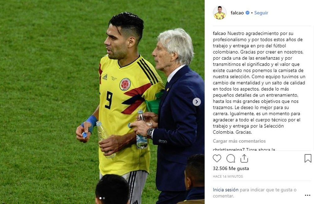 Falcao dijo adiós a Pékerman. Instagram/Falcao
