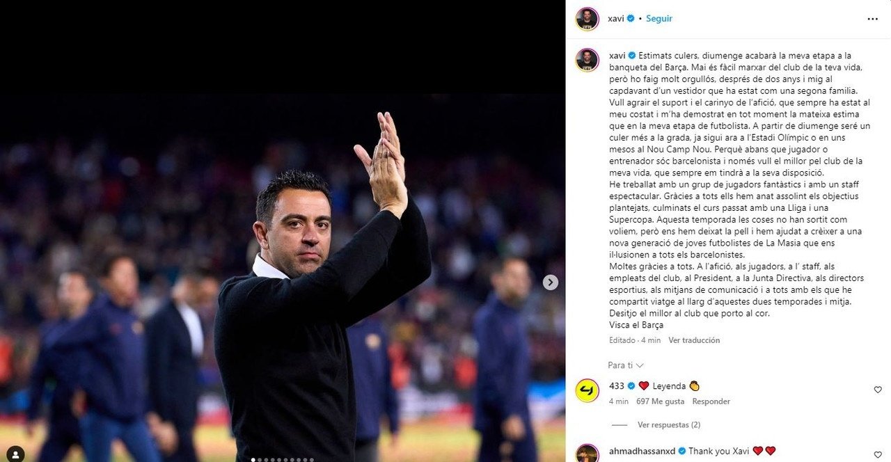 Xavi dijo que siempre estará a disposición del Barça. Instagram/Xavi