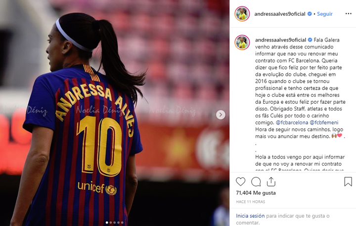 La brasileña Andressa Alves anuncia su salida del Barça