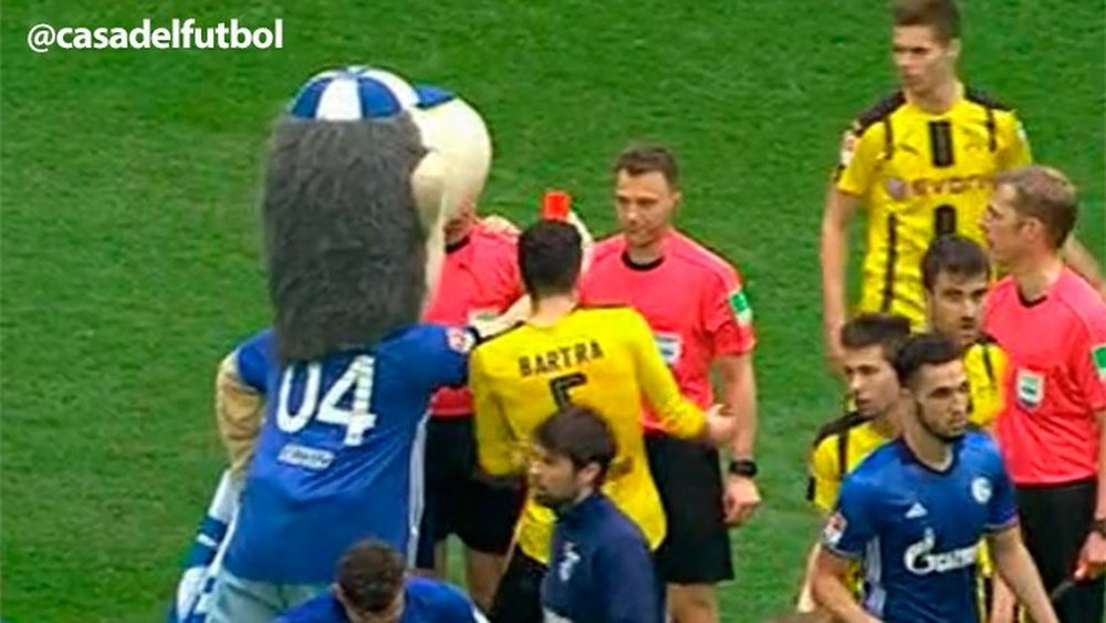 La mascota del Schalke le mostró la roja al árbitro tras el derbi ante el Dortmund. LaCasadelFutbol