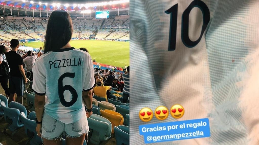 La camiseta de Messi acabó... ¡en manos de la novia de Pezzella! Instagram/Agusbascerano
