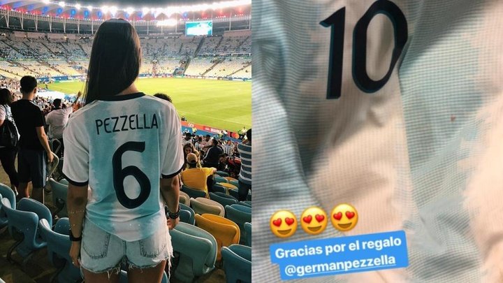 A camisola de Messi acabou... nas mãos da namorada de Pezzella!