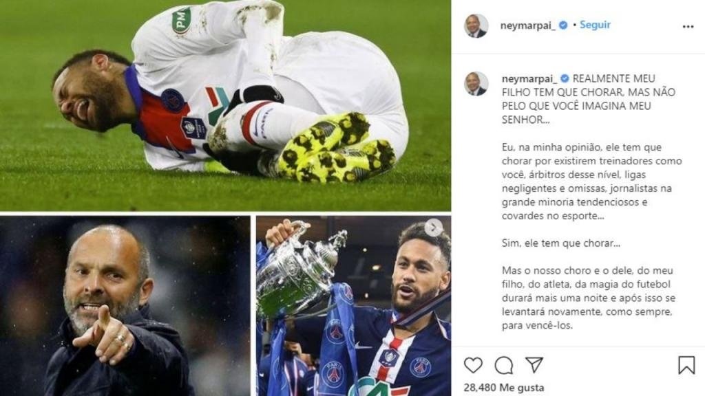 La respuesta del padre de Neymar a Dupraz tras llamarle llorón. Instagram/neymarpai_