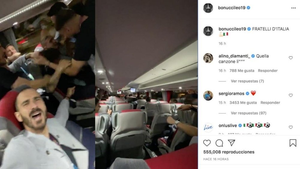 La Selección Italiana, pasión hasta en el autobús. Capturas/Instagram/bonuccileo19