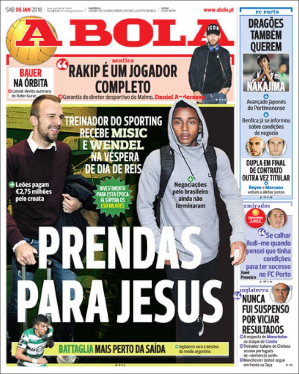 A capa do jornal A Bola, 06/01/18. A Bola