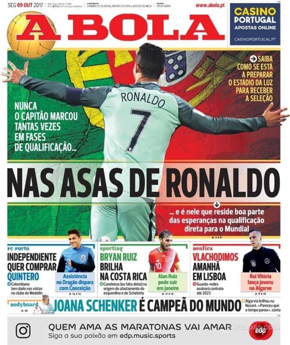 A capa do jornal 'A Bola' do dia 09/10/2017. A Bola