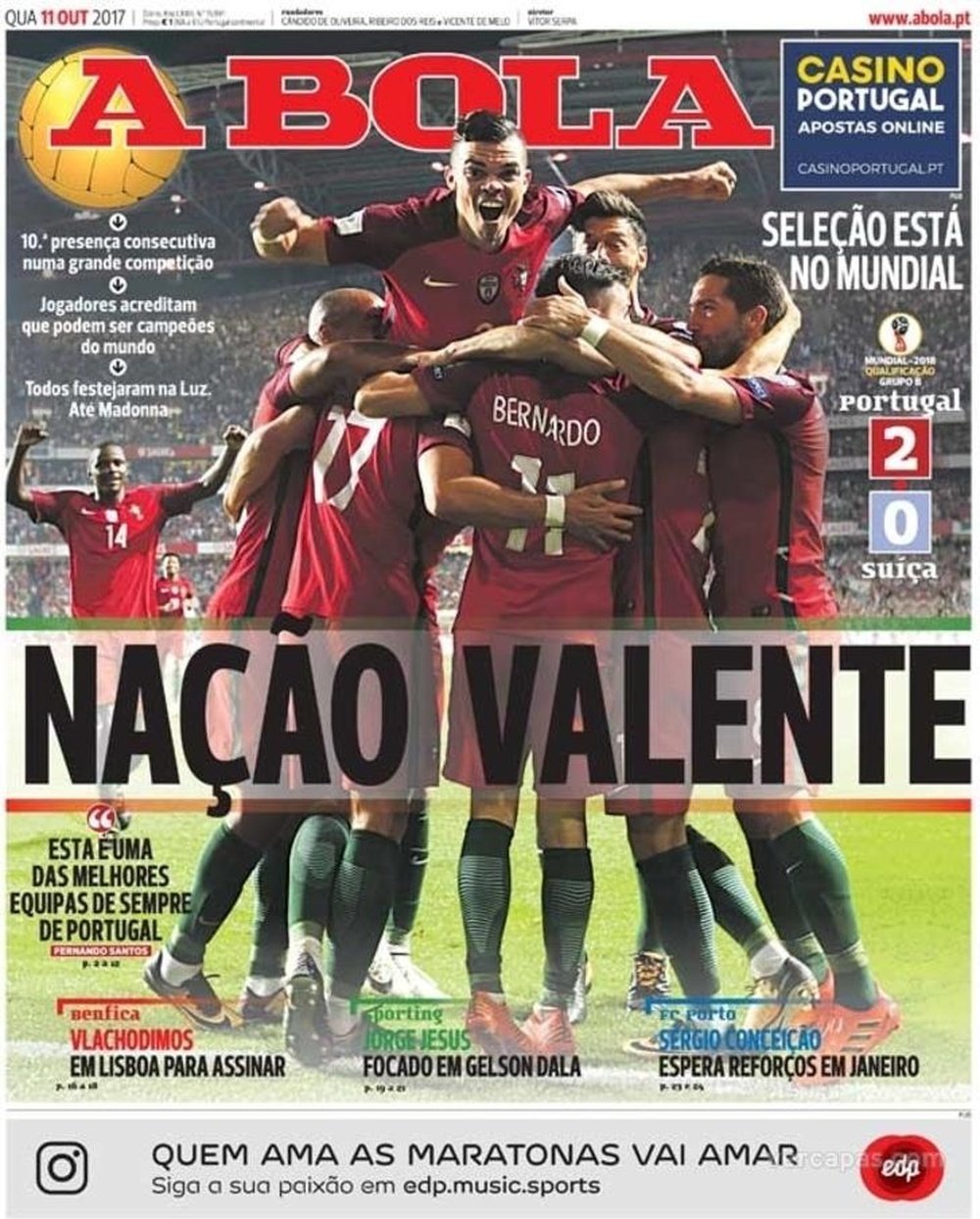 A capa do jornal 'A Bola', 11-10-2017. A Bola