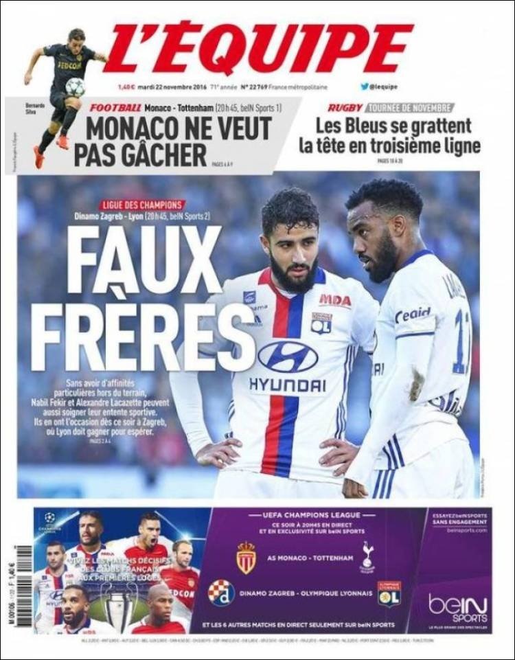 La Une du journal sportif Français 'L'Equipe' du 22-11-16. L'Equipe