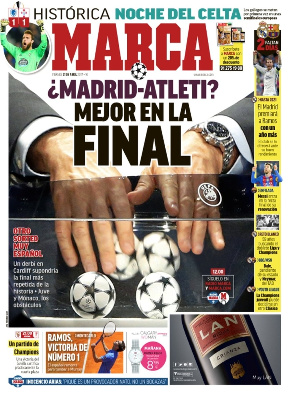 La Une du quotidien sportif espagnol 'Marca' du 21 avril 2017. Marca
