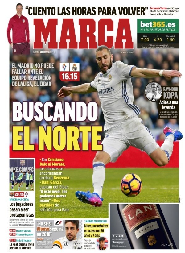 La Une du quotidien sportif espagnol 'Marca' du 4 mars 2017. Marca