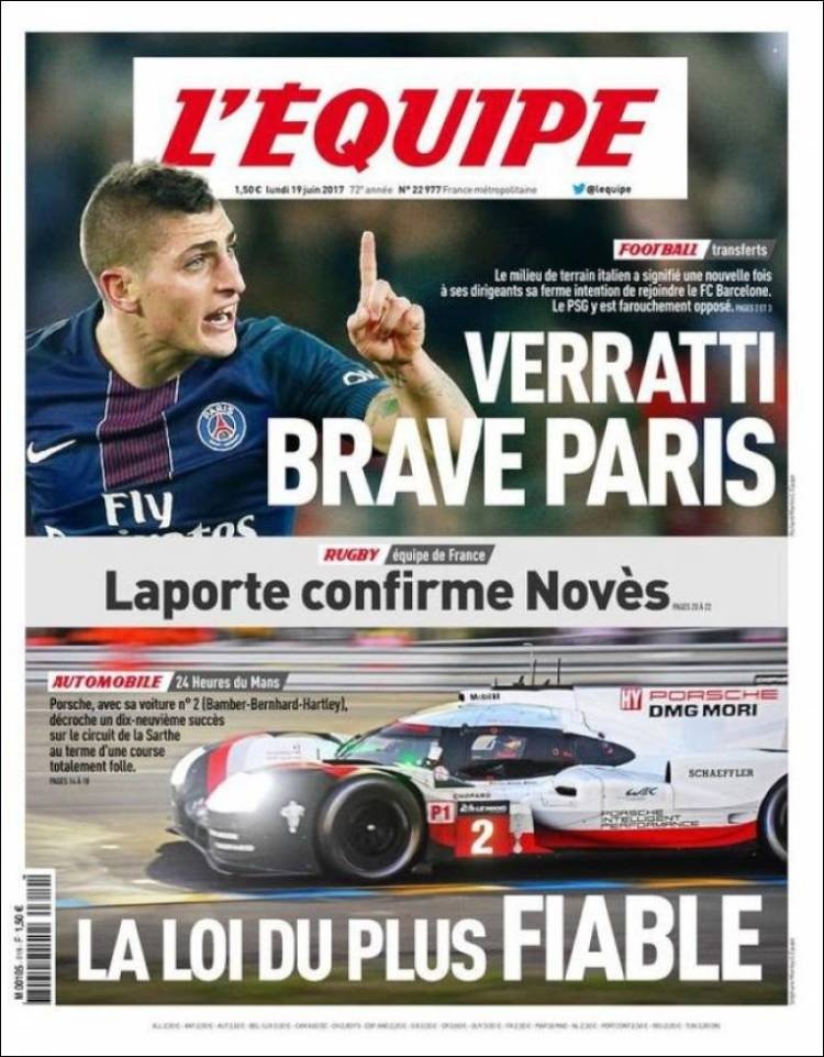 La Une du quotidien sportif français 'L'Équipe'. L'Équipe