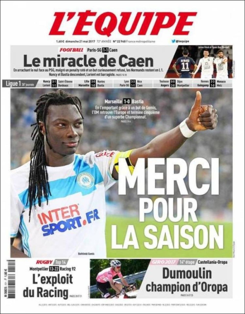 La Une du quotidien sportif français 'L'Équipe' du 21 mai 2017. L'Équipe