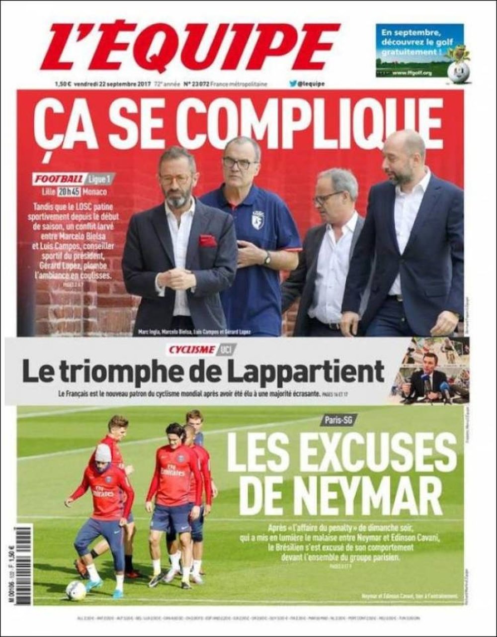 La Une du quotidien sportif français 'L'Équipe' du 22 septembre 2017. L'Équipe