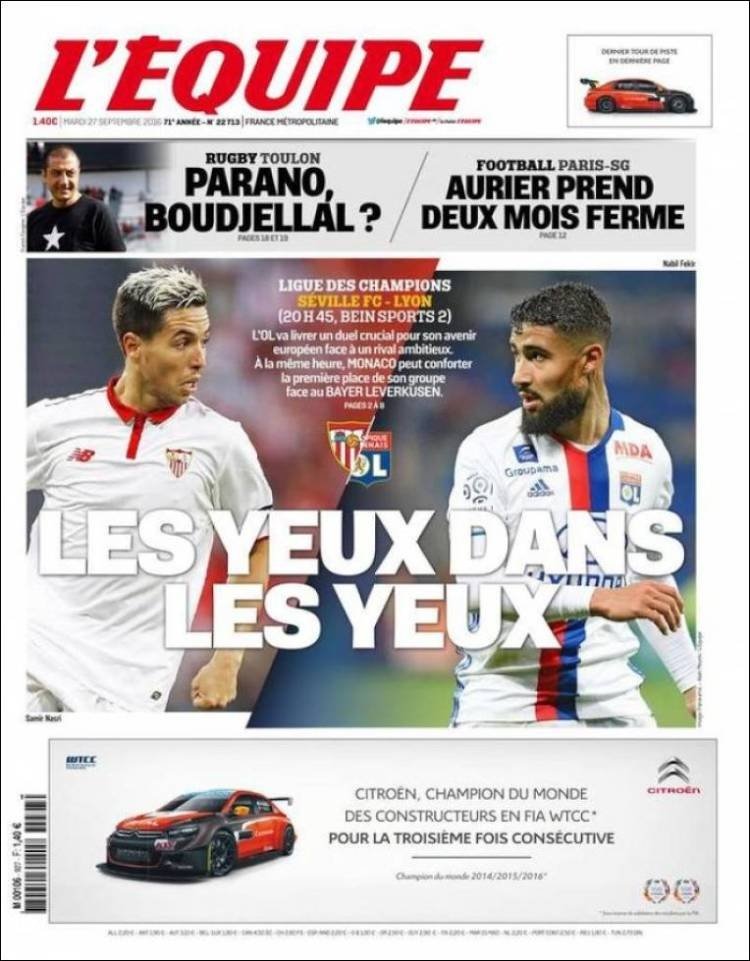 La Une du quotidien sportif français 'L'Équipe' du 27-09-16. L'Équipe