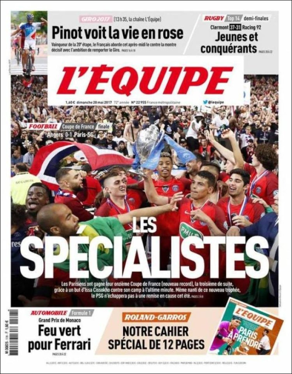 La Une du quotidien sportif français 'L'Équipe' du 28 mai 2017. L'Équipe