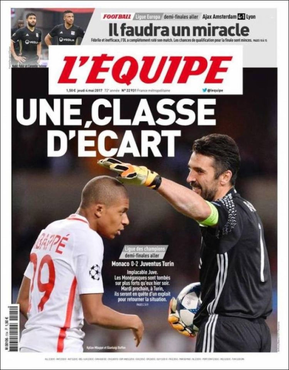 La Une du quotidien sportif français 'LÉquipe' du 04 mai 2017. L'Équipe