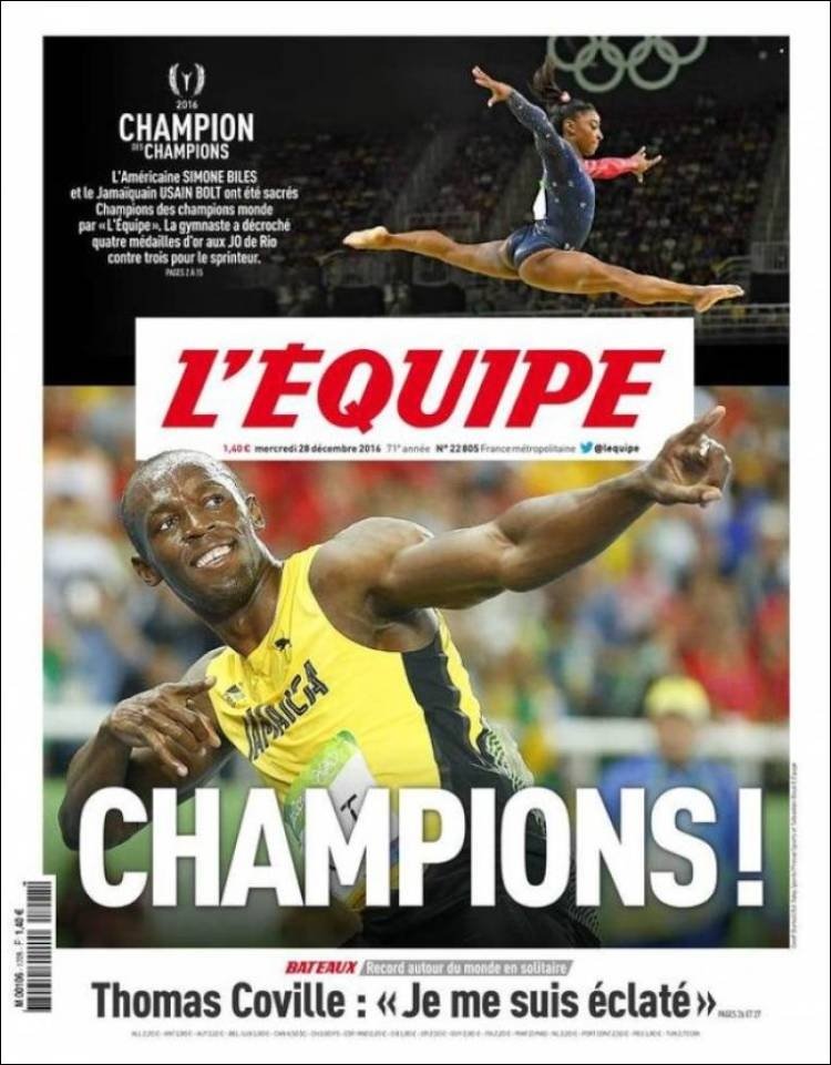 La Une du quotidien sportif français l'Équipe du 28-12-2016. L'Équipe