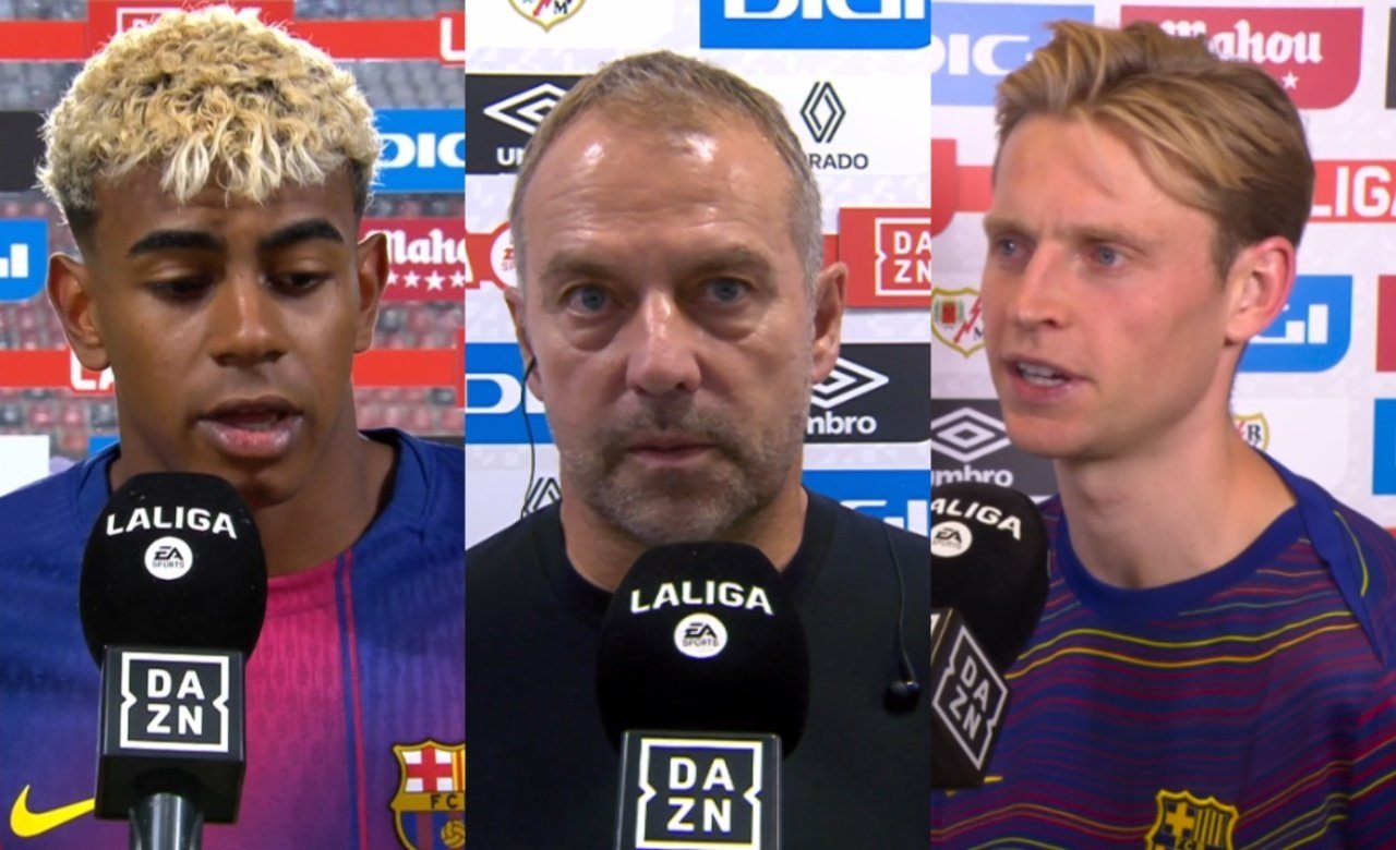 Lamine, Flick y Frenkie hablaron ante la prensa. Capturas/DAZN