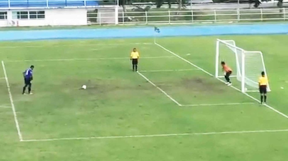 The goalkeeper streaked away in celebration only for the ball to go in anyway. Twitter/FoxSportsAsia