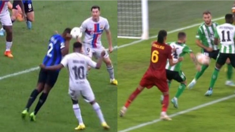 Polémica por el diferente criterio del mismo árbitro en Europa. Montaje/MovistarLigaDeCampeones