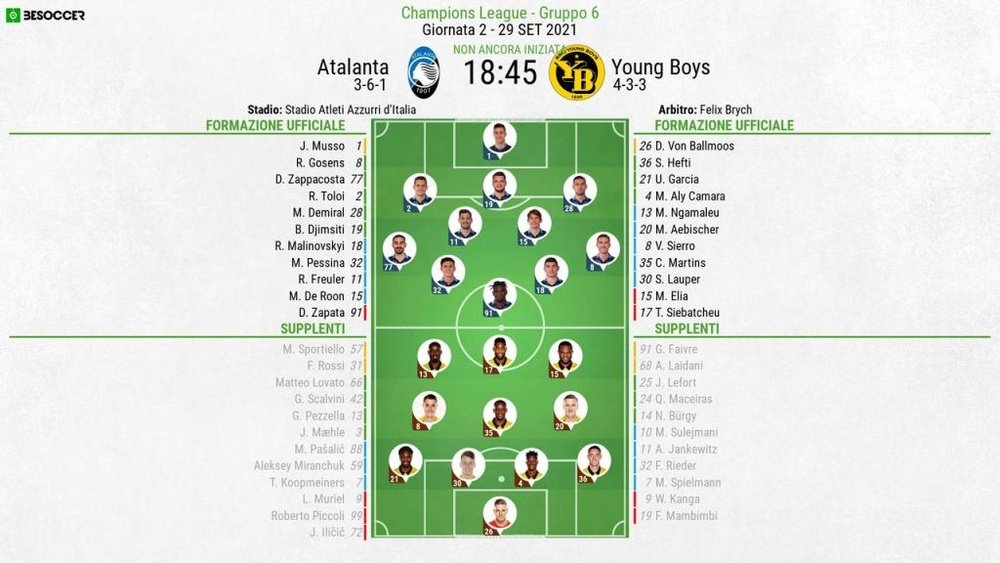 Le formazioni ufficiali di Atalanta-Young Boys. BeSoccer