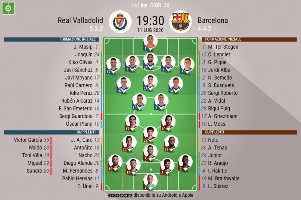 Le formazioni ufficiali di Valladolid-Barcellona. BeSoccer