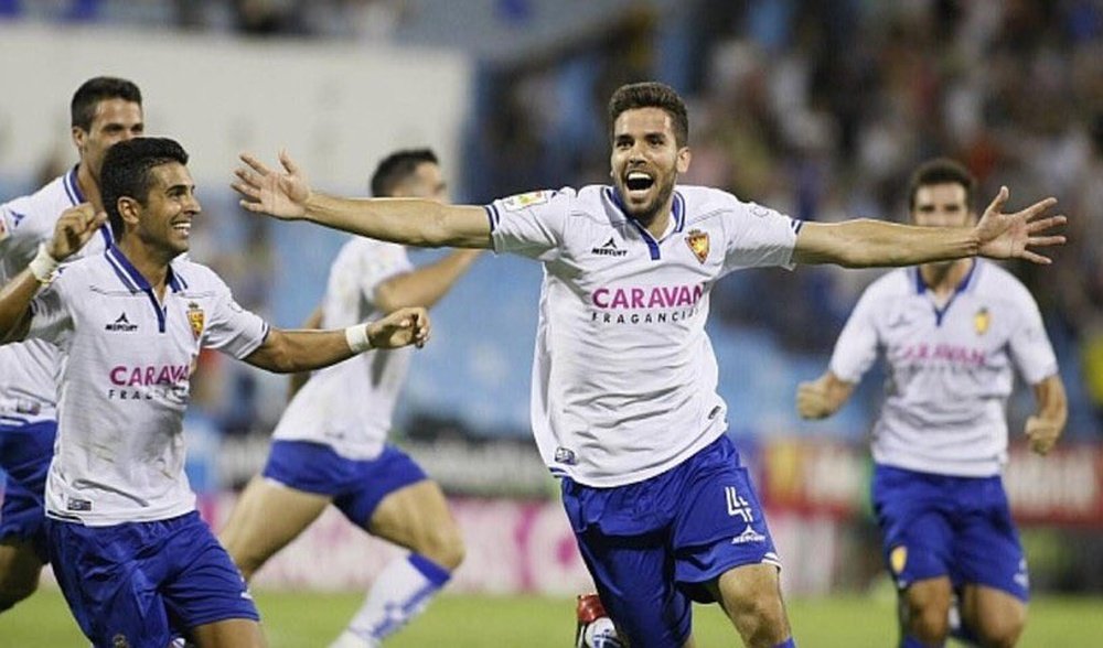 Leandro Cabrera celebra un gol anotado con el Zaragoza. Twitter