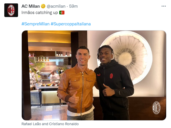 Milan arrive in Riyadh and Leao takes a photo with Ronaldo