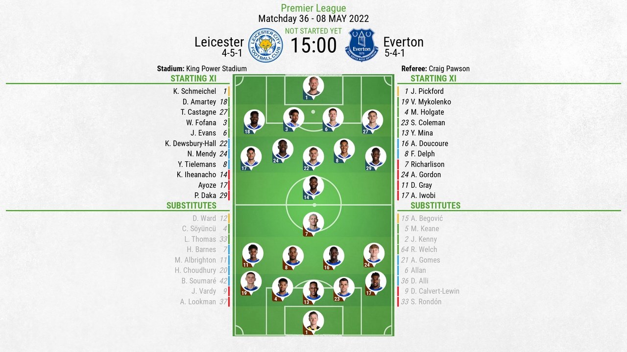 Leicester v Everton, Premier League 2021/22, Matchday 36, 08/05/2022, lineups. BeSoccer