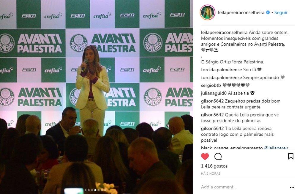 Leira Pereira é a principal patrocinadora e conselheira do alviverde. Captura do Instagram