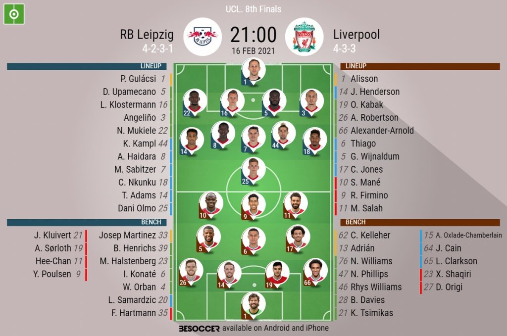 Leipzig v Liverpool, Champions League 2020/21, last 16 - 1st leg, - Official line-ups. BESOCCER