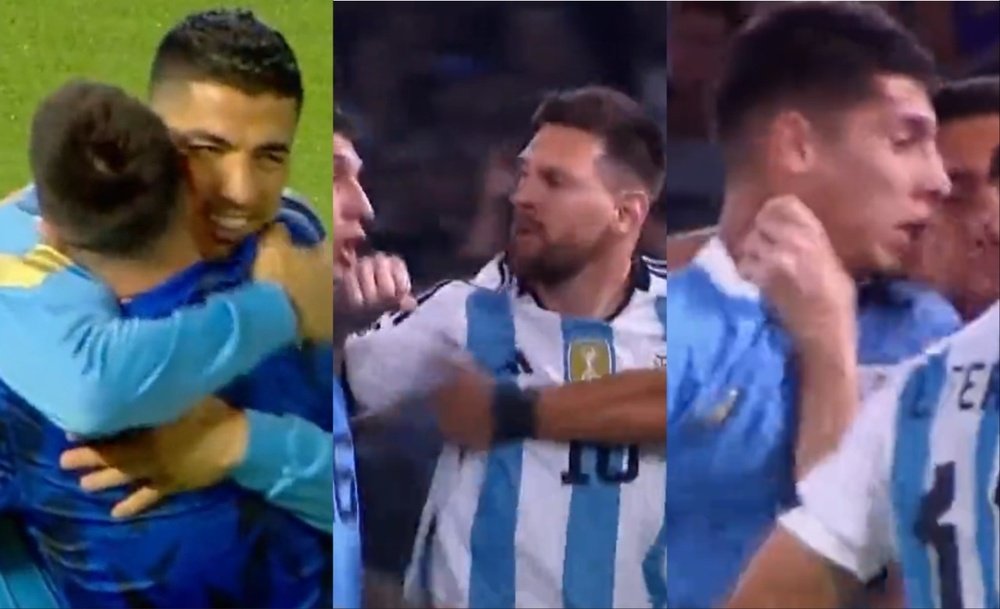 Os dois Messis: abraçou Suárez e segurou Olivera pelo pescoço. Capturas/TVP-TyC Sports