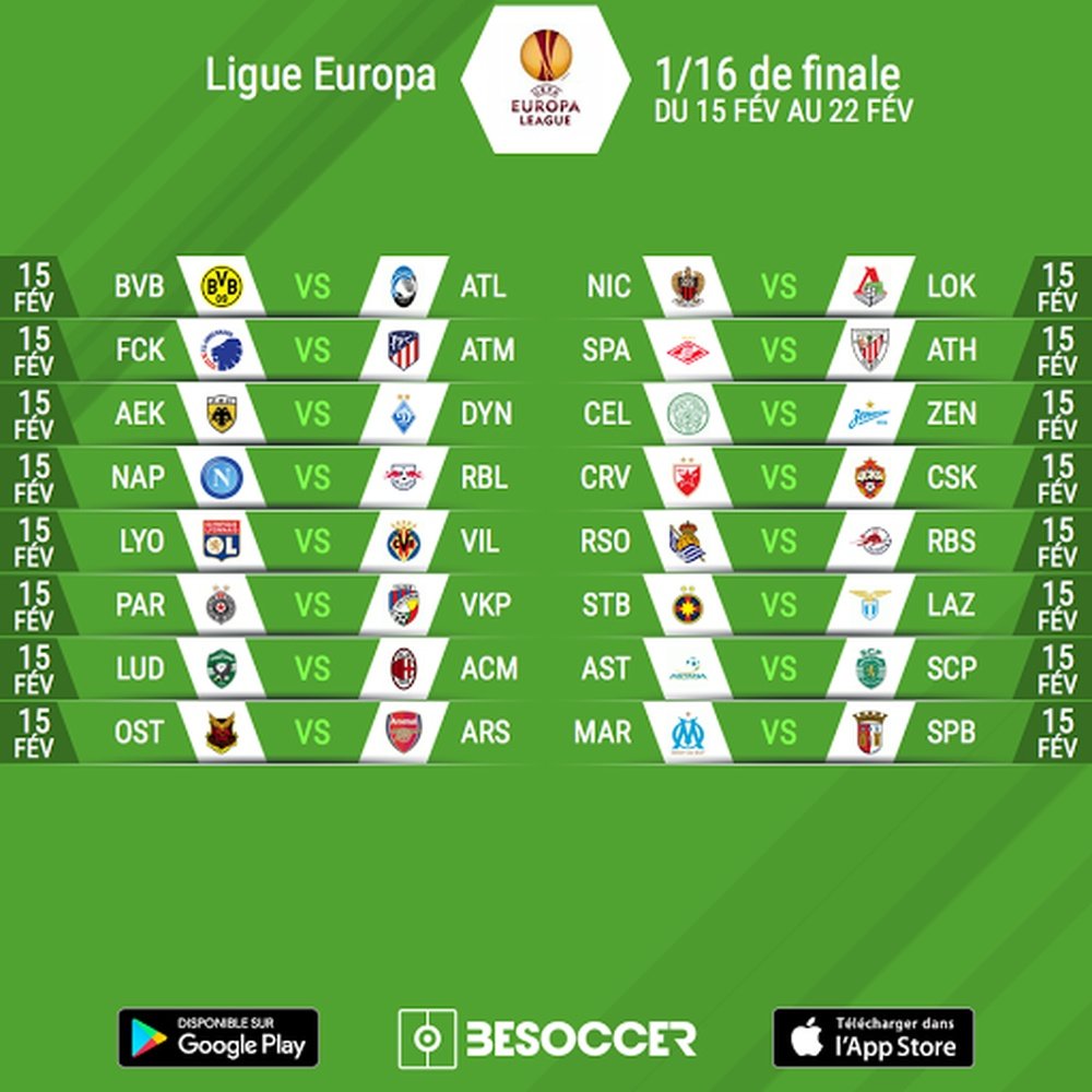 Les affiches des seizièmes de finale de Ligue d’Europa League. EFE