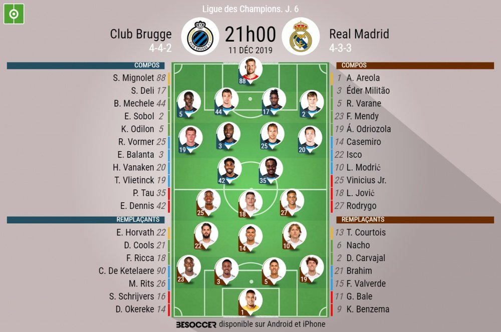 Les compos officielles du match de Ligue des champions entre Bruges et le Real Madrid.