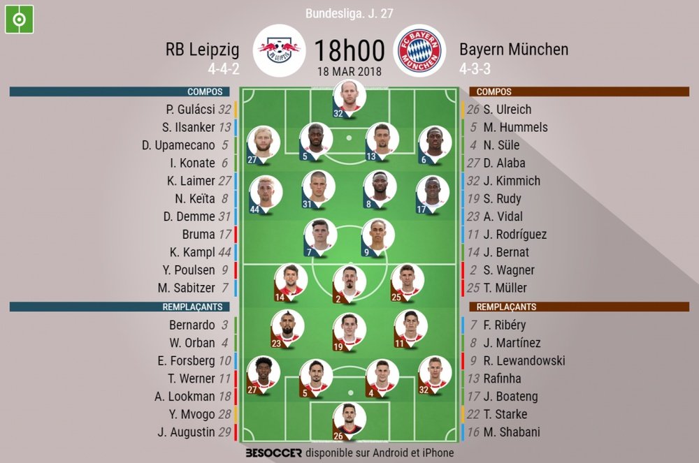 Les compos officielles du match de Bundesliga entre Leipzig et le Bayern, J27, 18/03/18. BeSoccerVoi